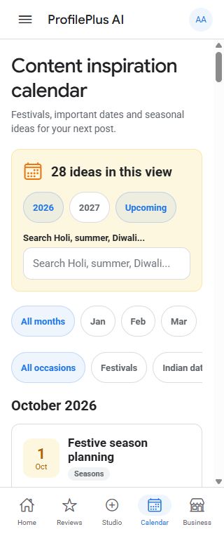 Mobile occasion planner showing date and category filters and event ideas in a sample workspace